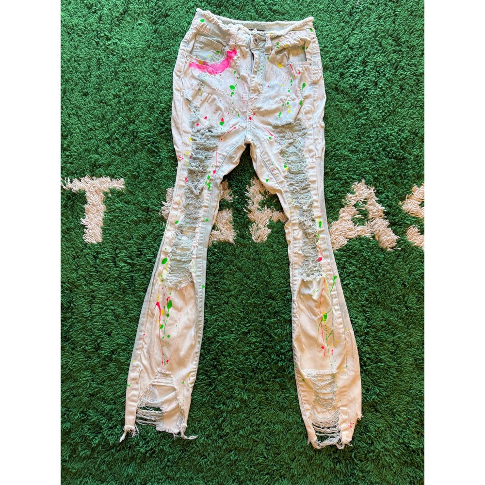 Redfox Jeans Skinny Pants Womens Small White Excellent Paint Splatter Distressed